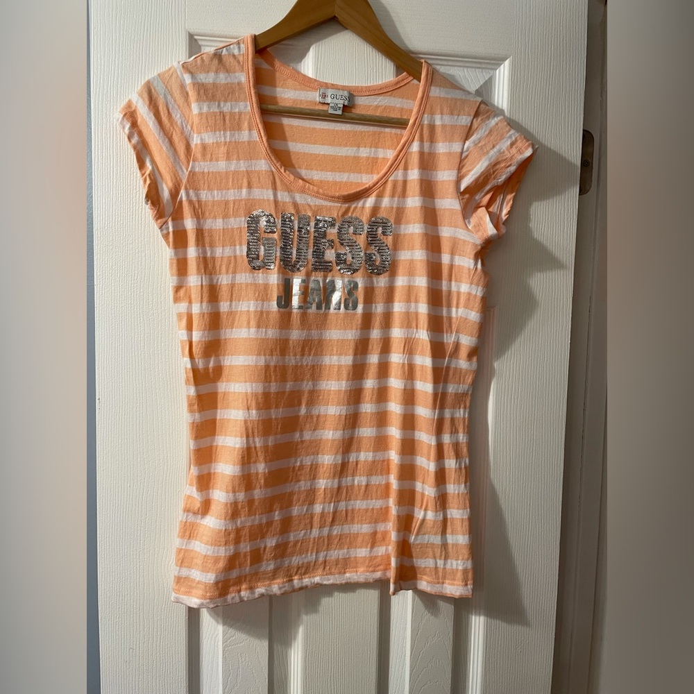 Guess Jeans womens large stripes glitter crew short sleeve tshirt short top